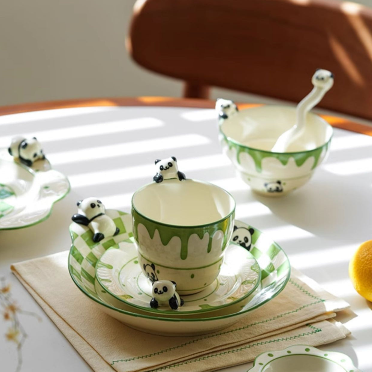 Panda Themed Ceramic Plates Bowls Saucer Spoon Set