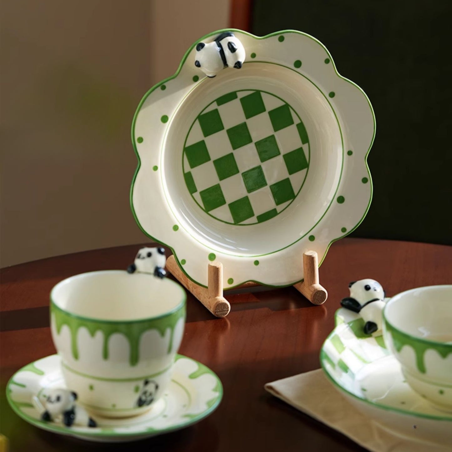 Panda Themed Ceramic Plates Bowls Saucer Spoon Set