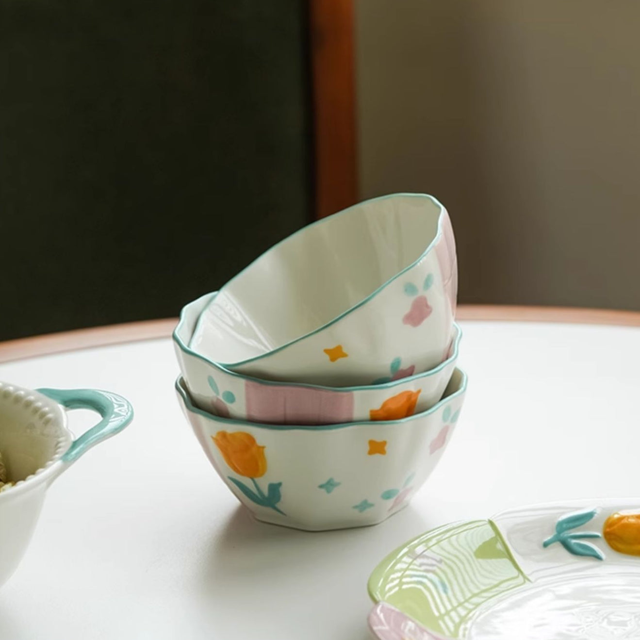 Adorable Underglazed Ceramic Plates Bowls Set