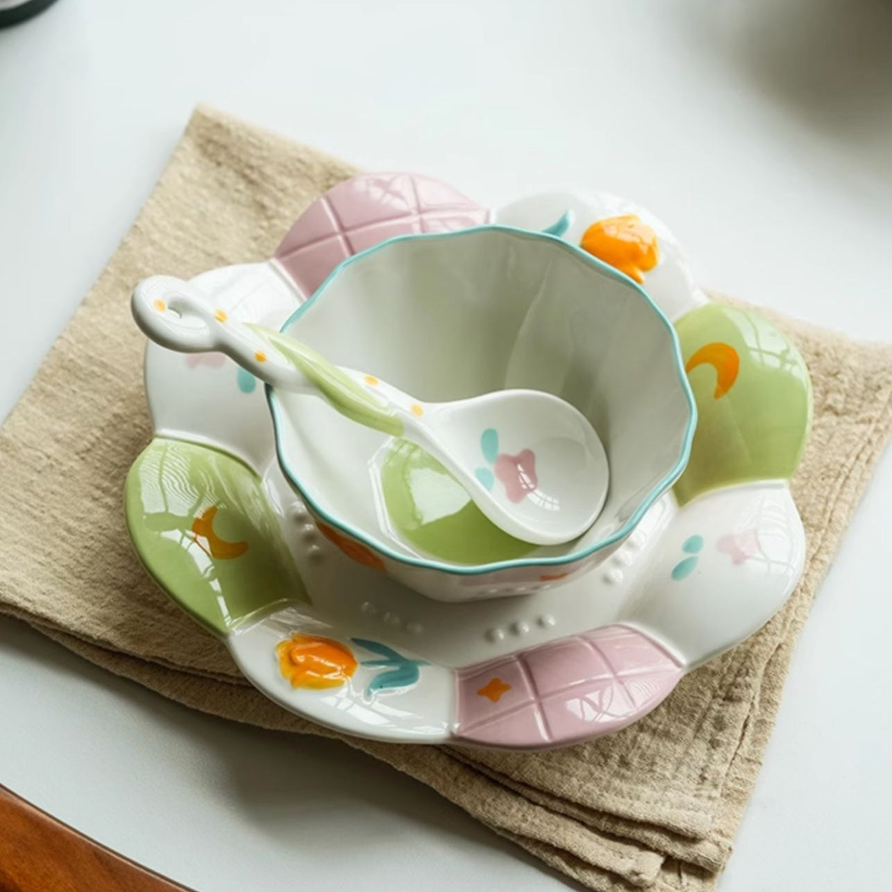 Adorable Underglazed Ceramic Plates Bowls Set