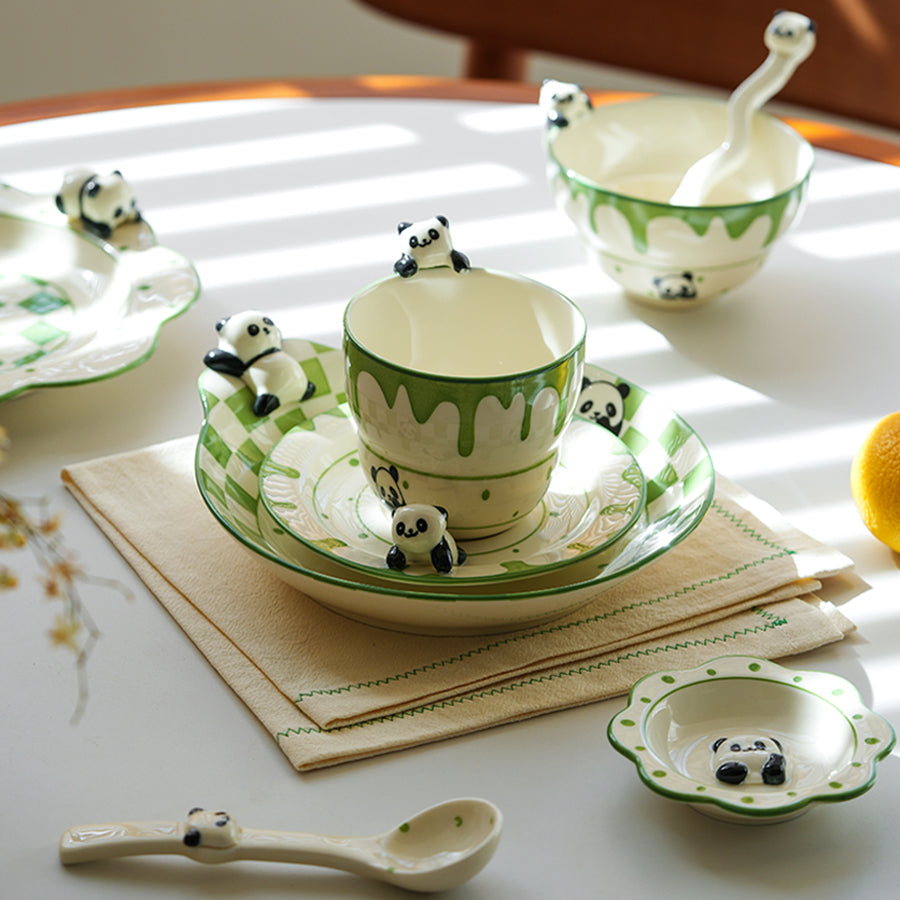 Panda Themed Ceramic Plates Bowls Saucer Spoon Set