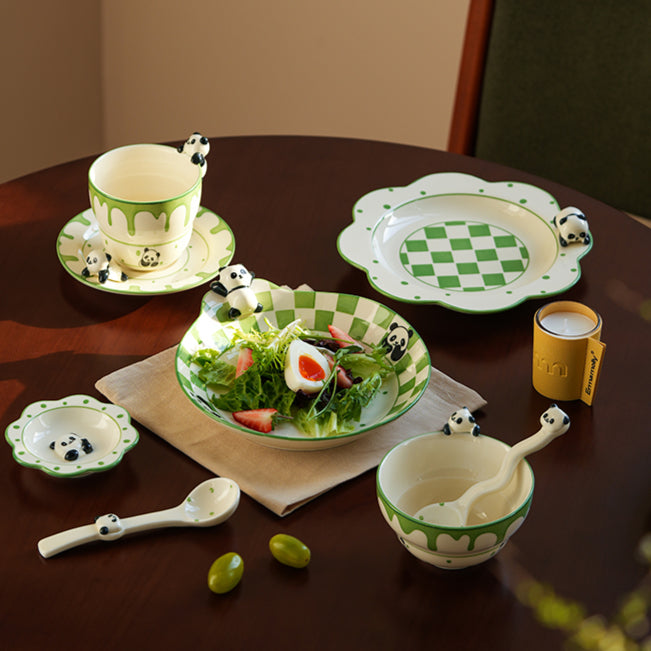 Panda Themed Ceramic Plates Bowls Saucer Spoon Set