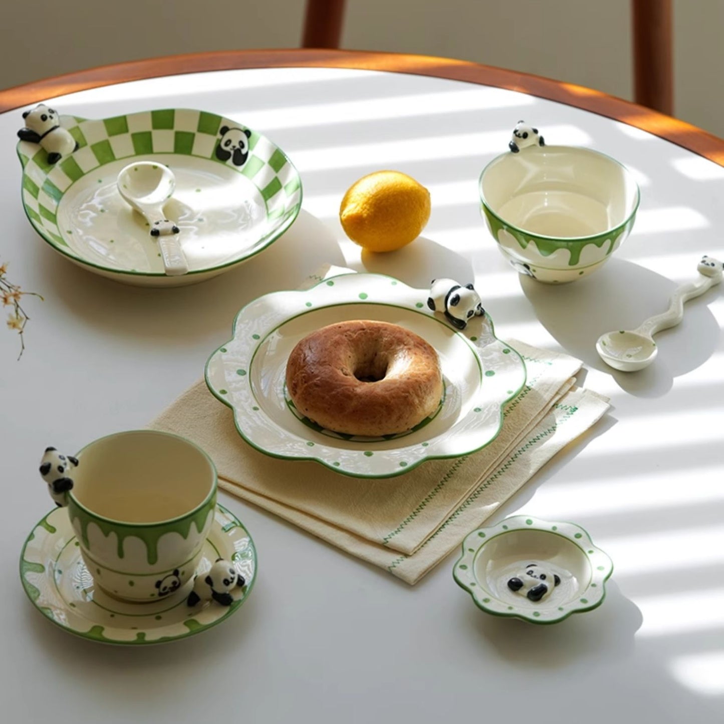 Panda Themed Ceramic Plates Bowls Saucer Spoon Set