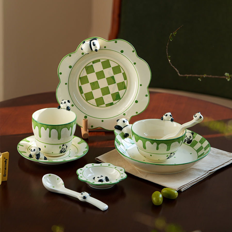 Panda Themed Ceramic Plates Bowls Saucer Spoon Set