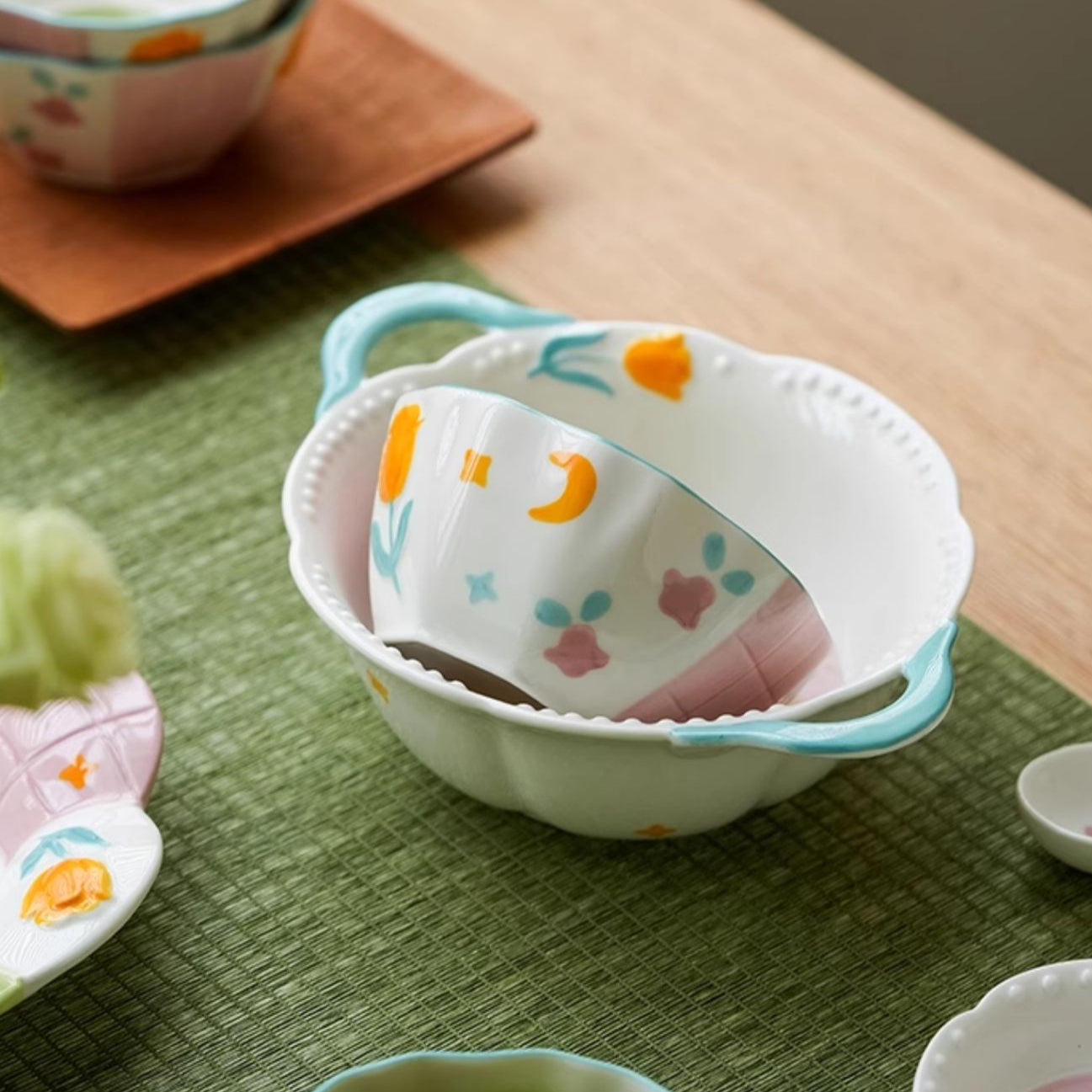 Adorable Underglazed Ceramic Plates Bowls Set