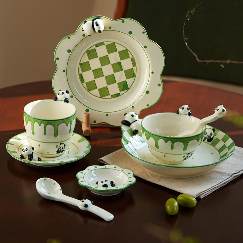 Panda Themed Ceramic Plates Bowls Saucer Spoon Set