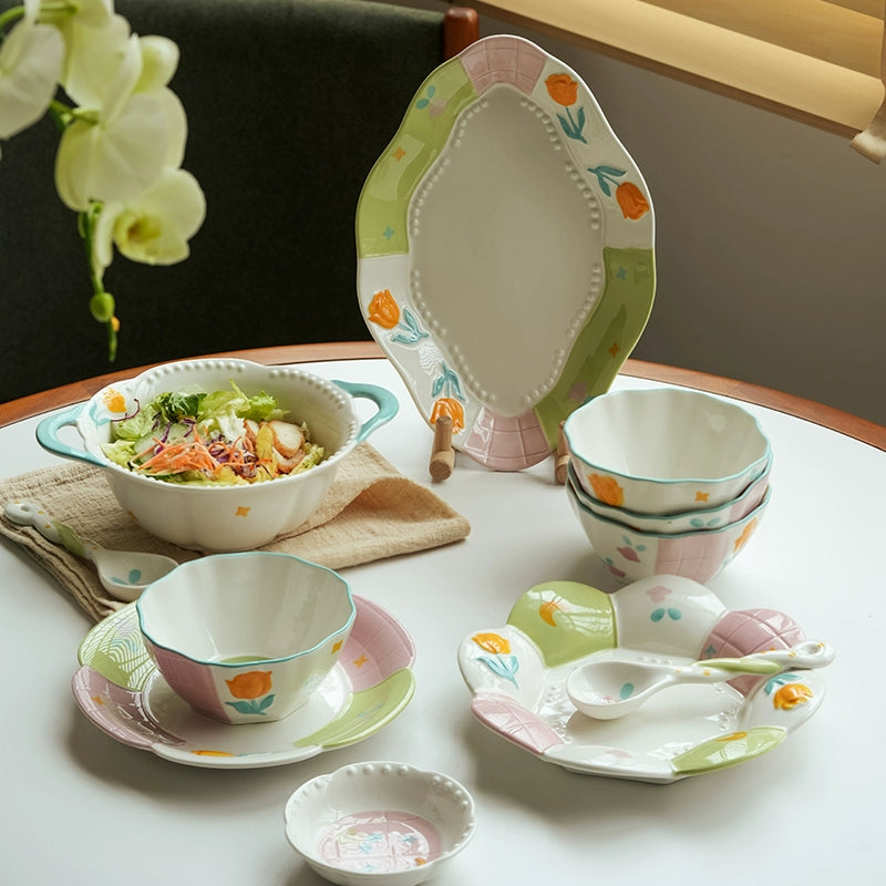 Adorable Underglazed Ceramic Plates Bowls Set