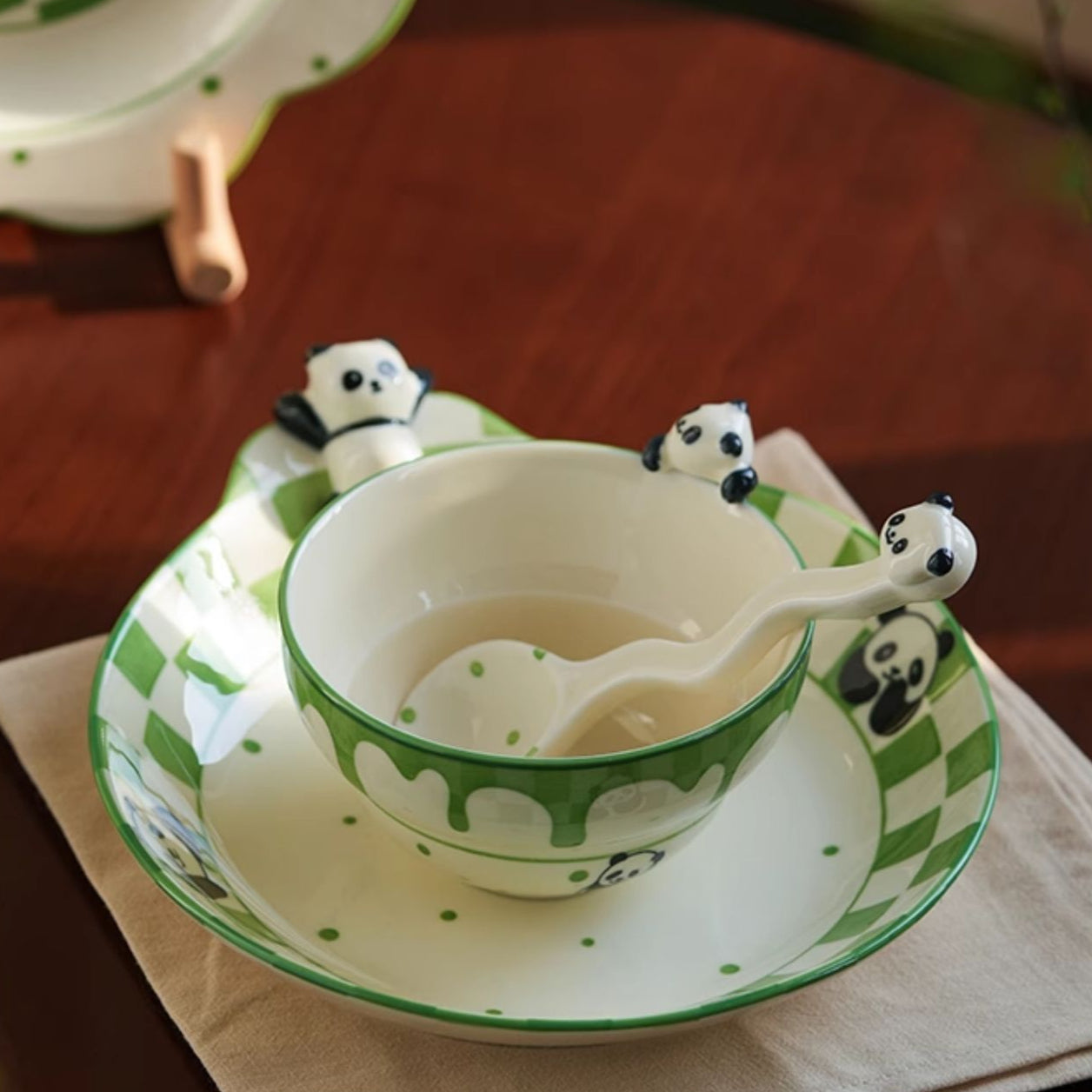 Panda Themed Ceramic Plates Bowls Saucer Spoon Set