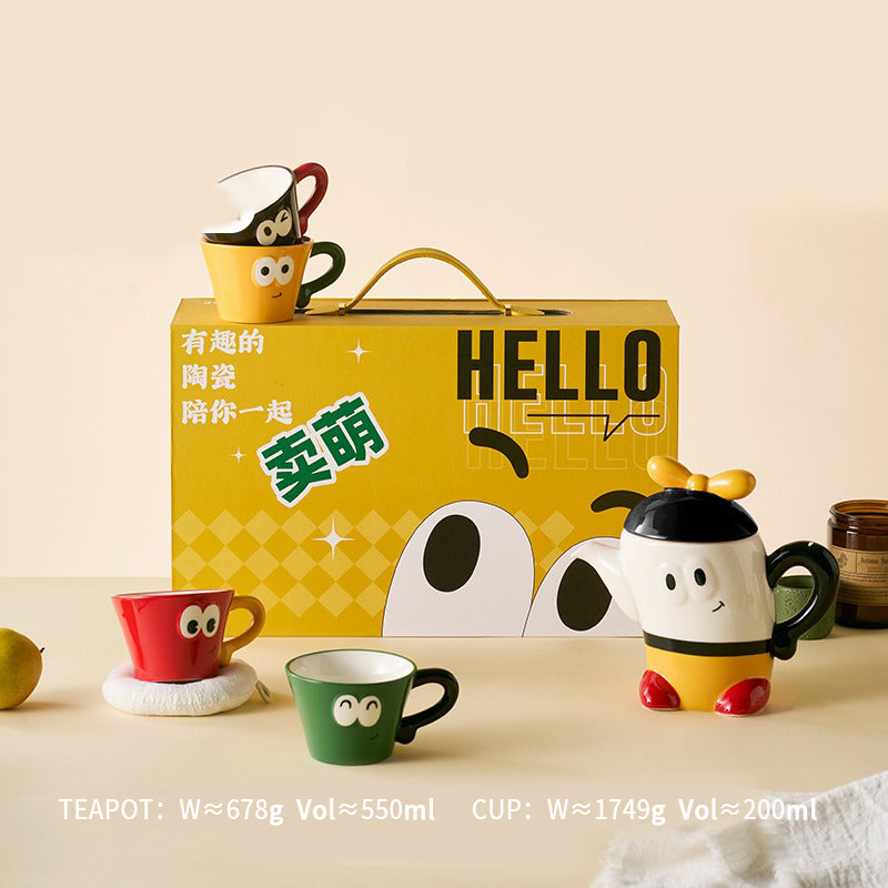 Cartoon-themed Ceramic Tea / Coffee Pot and Four Cups Set of 5