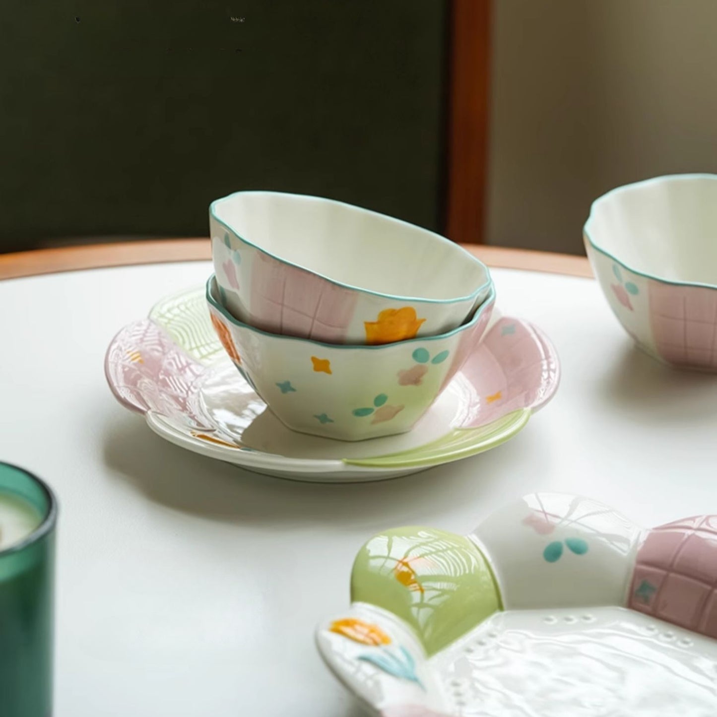Adorable Underglazed Ceramic Plates Bowls Set