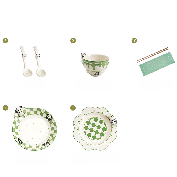 Panda Themed Ceramic Plates Bowls Saucer Spoon Set