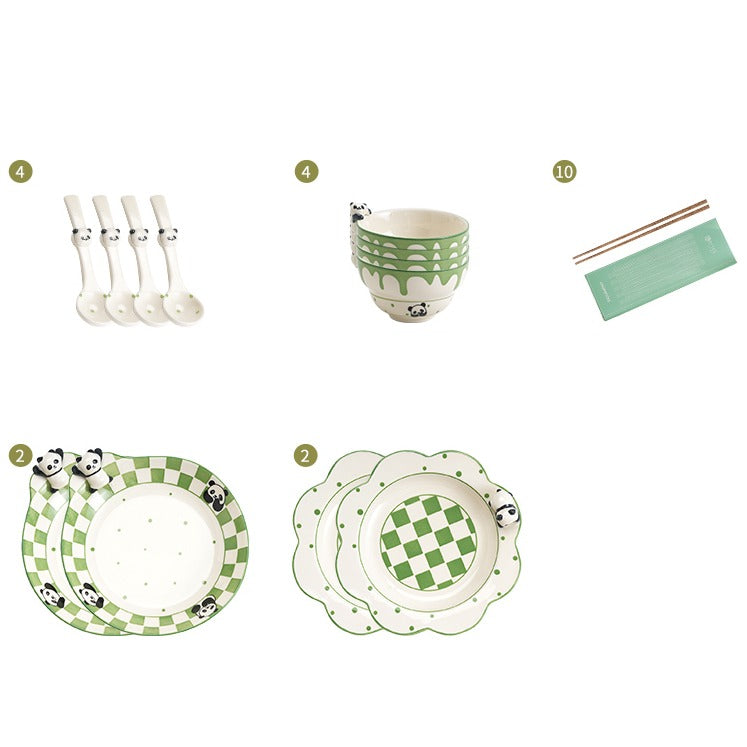 Panda Themed Ceramic Plates Bowls Saucer Spoon Set