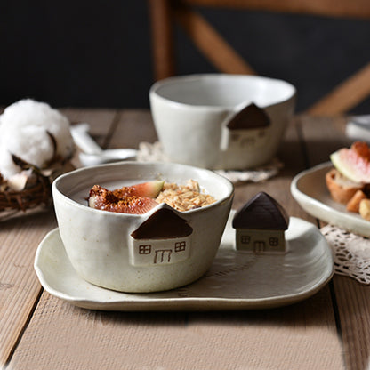 House-themed Rustic Ceramic Dessert Plates Bowls Spoon Set