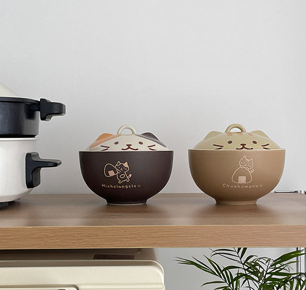 Japanese Style Ceramic Bowls with Kitty Lids - PeauleyHome