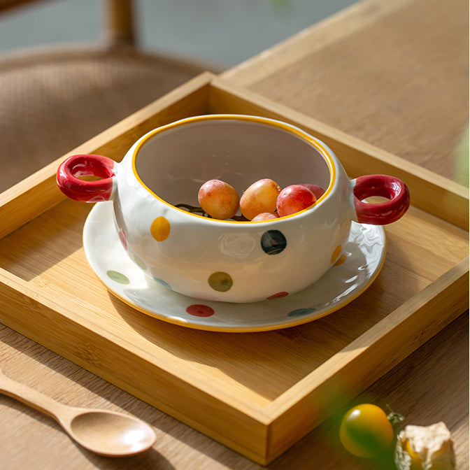 Dots Style Ceramic Bowls with Double Handles