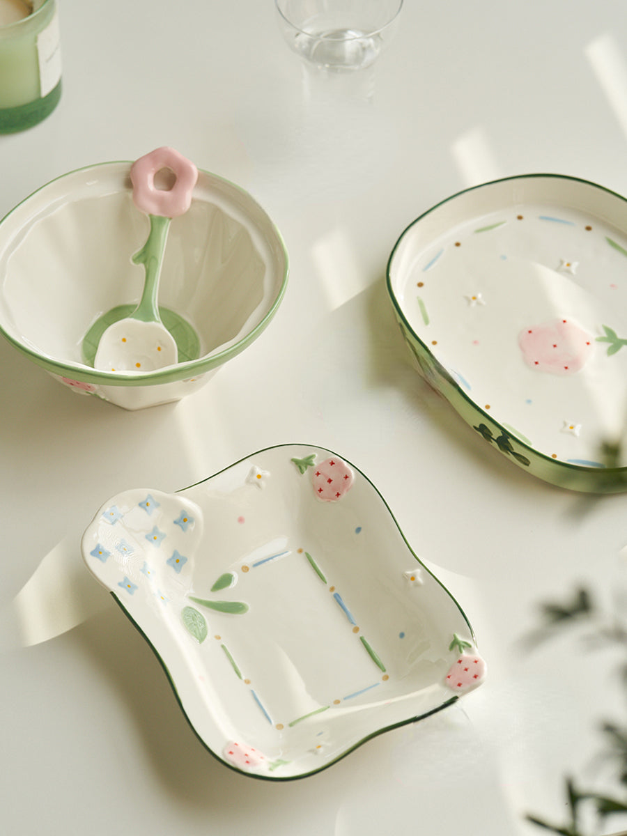 Adorable Floral Ceramic Bowls Plates Spoons Set - PeauleyHome