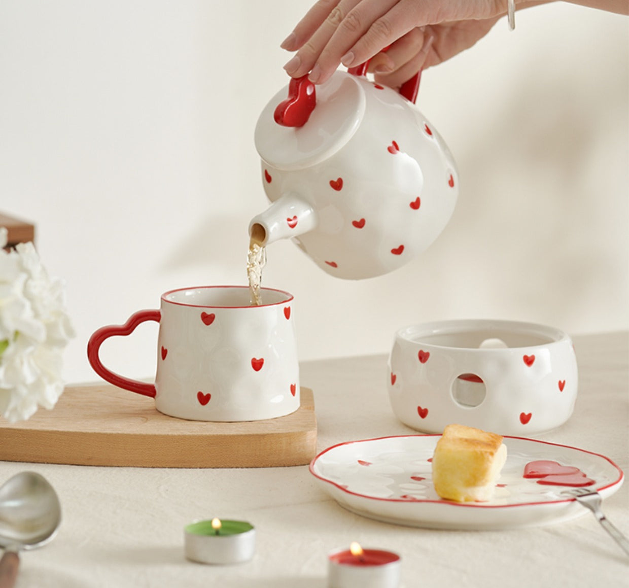 Heart Theme Ceramic Tea Pot Cup Plate Set - PeauleyHome