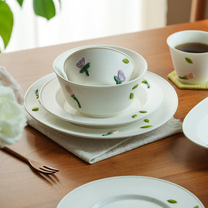 Floral Underglazed Ceramic Rice Bowls Plates Set