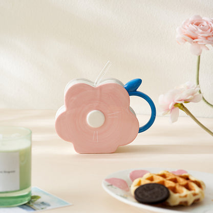 Original Flower-shaped Ceramic Mug with Lid and Straw