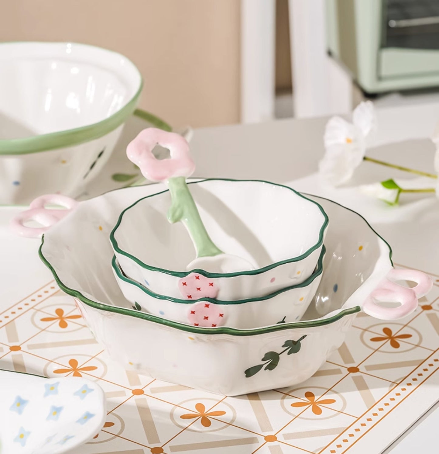 Adorable Floral Ceramic Bowls Plates Spoons Set - PeauleyHome