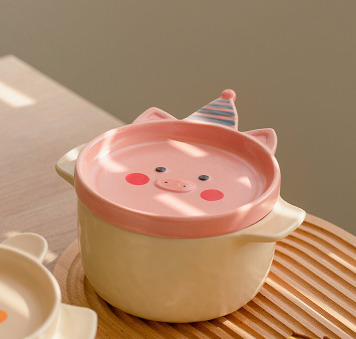 Ceramic Bowls Noodle Pots with Cartoon Lids and Handles - PeauleyHome