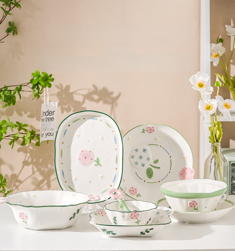 Adorable Floral Ceramic Bowls Plates Spoons Set - PeauleyHome