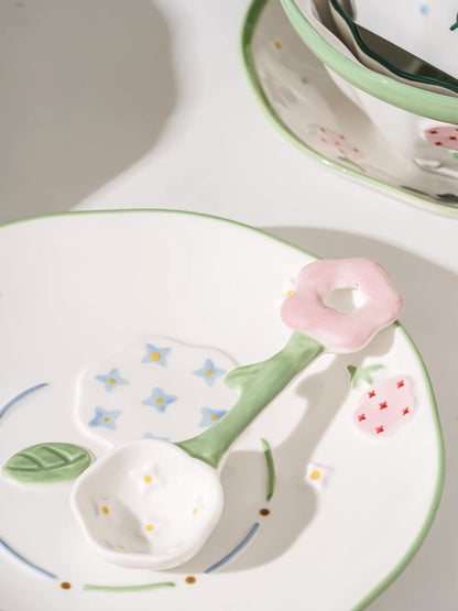 Adorable Floral Ceramic Bowls Plates Spoons Set - PeauleyHome