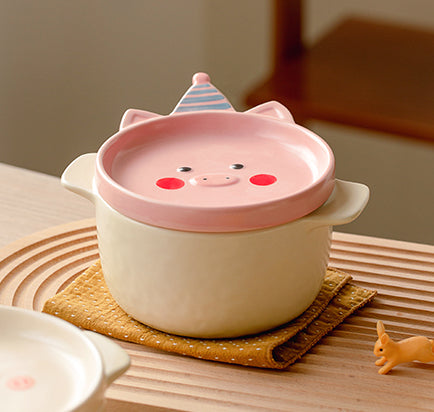 Ceramic Bowls Noodle Pots with Cartoon Lids and Handles - PeauleyHome