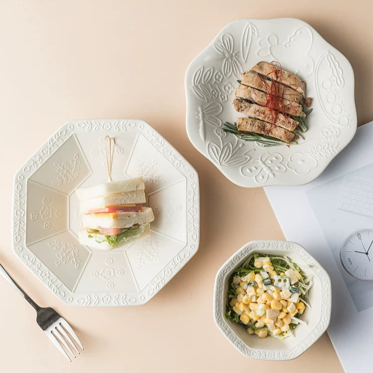 Exquisite Embossed Birds-themed Ceramic Bowl Plate