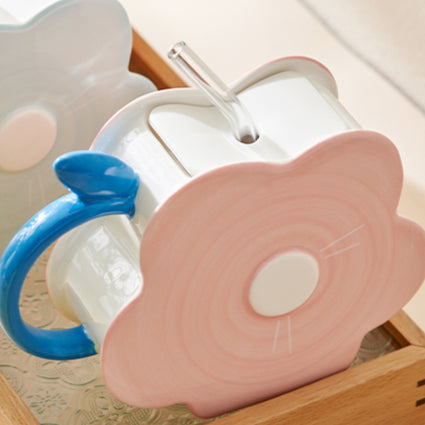 Original Flower-shaped Ceramic Mug with Lid and Straw