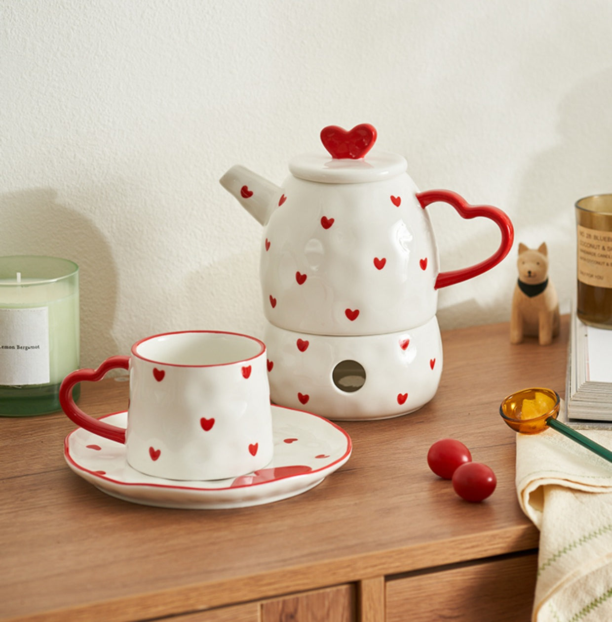 Heart Theme Ceramic Tea Pot Cup Plate Set - PeauleyHome