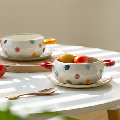 Dots Style Ceramic Bowls with Double Handles