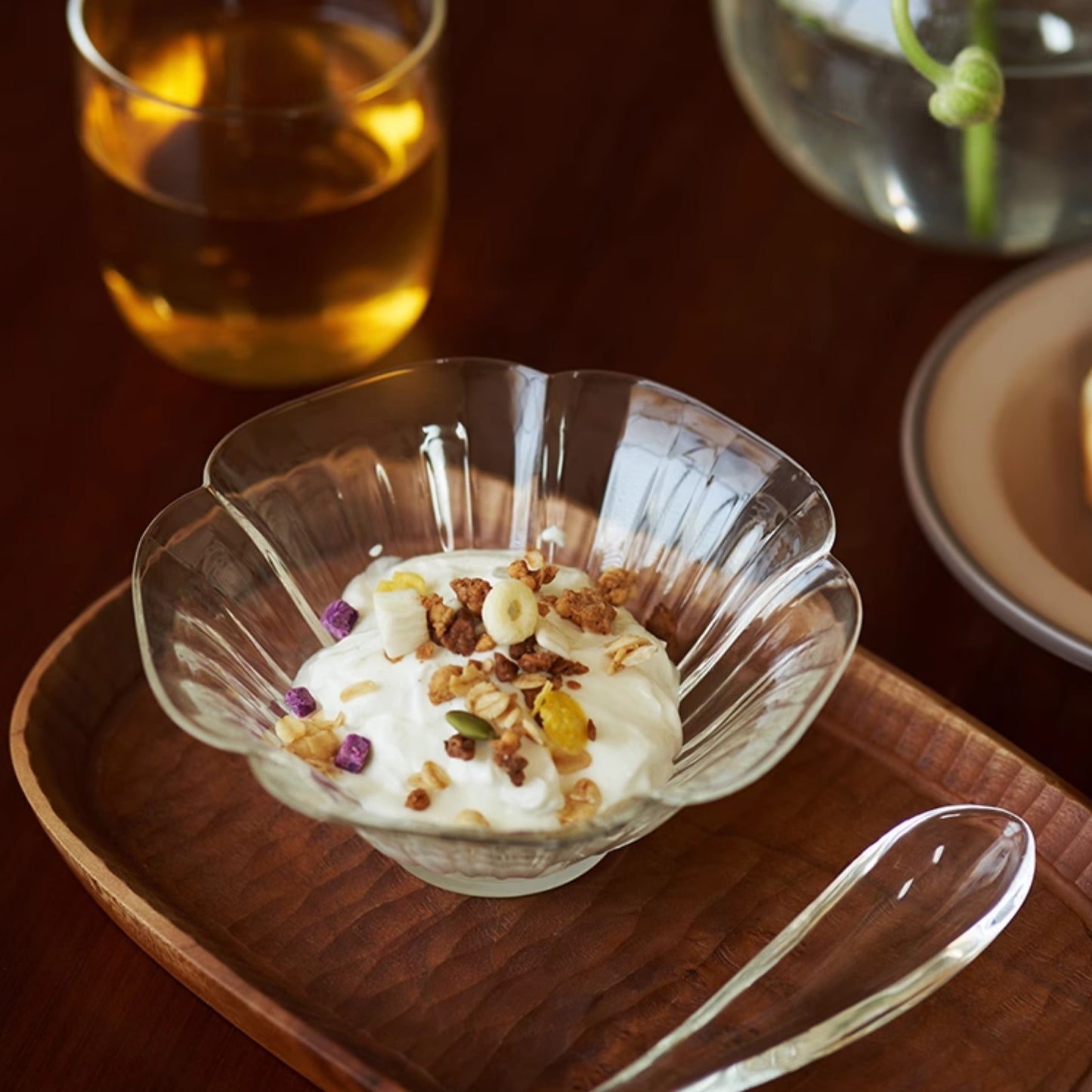 Delicate Petal Glass Bowl & Spoon