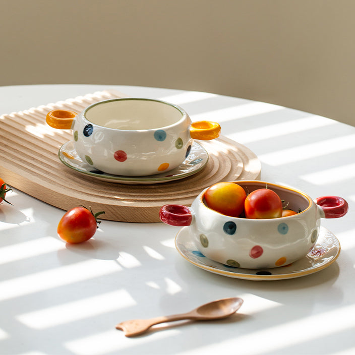 Dots Style Ceramic Bowls with Double Handles