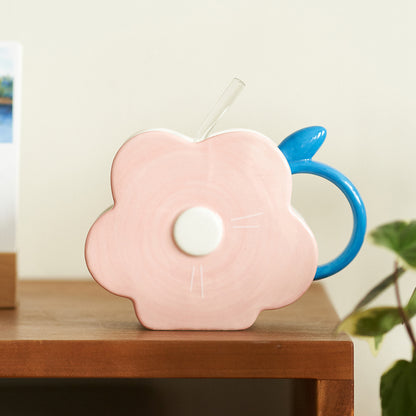 Original Flower-shaped Ceramic Mug with Lid and Straw