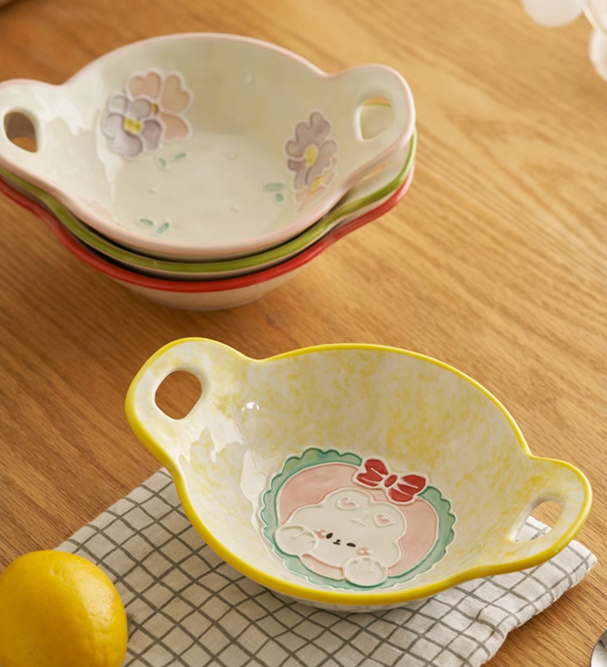 Cute Breakfast Ceramic Bowls Set with Two Handles for Children Set - PeauleyHome