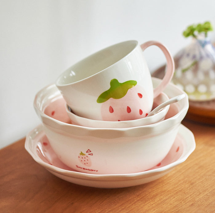 Pretty Strawberry Ceramic Saucers Bowls Plates Spoon - PeauleyHome