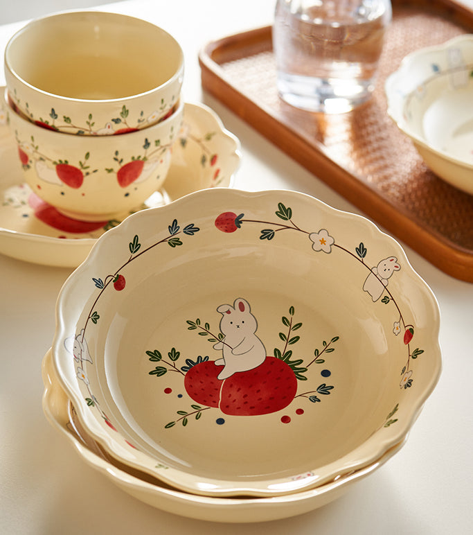 Strawberry Bunny Ceramic Bowls Plates Mugs - PeauleyHome