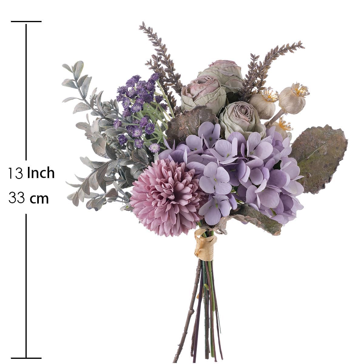 Small Artificial Fake Flowers for Table Arrangements, Silk Faux Bouquets with Three Roasted Edge Roses, Hydrangeas, Globeflower, babysbreaths, Ideal for the Kitchen or Bedroom.