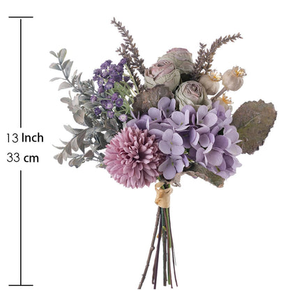 Small Artificial Fake Flowers for Table Arrangements, Silk Faux Bouquets with Three Roasted Edge Roses, Hydrangeas, Globeflower, babysbreaths, Ideal for the Kitchen or Bedroom.