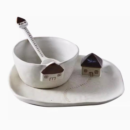 House-themed Rustic Ceramic Dessert Plates Bowls Spoon Set