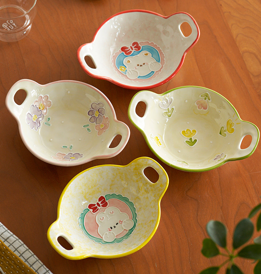 Cute Breakfast Ceramic Bowls Set with Two Handles for Children Set - PeauleyHome