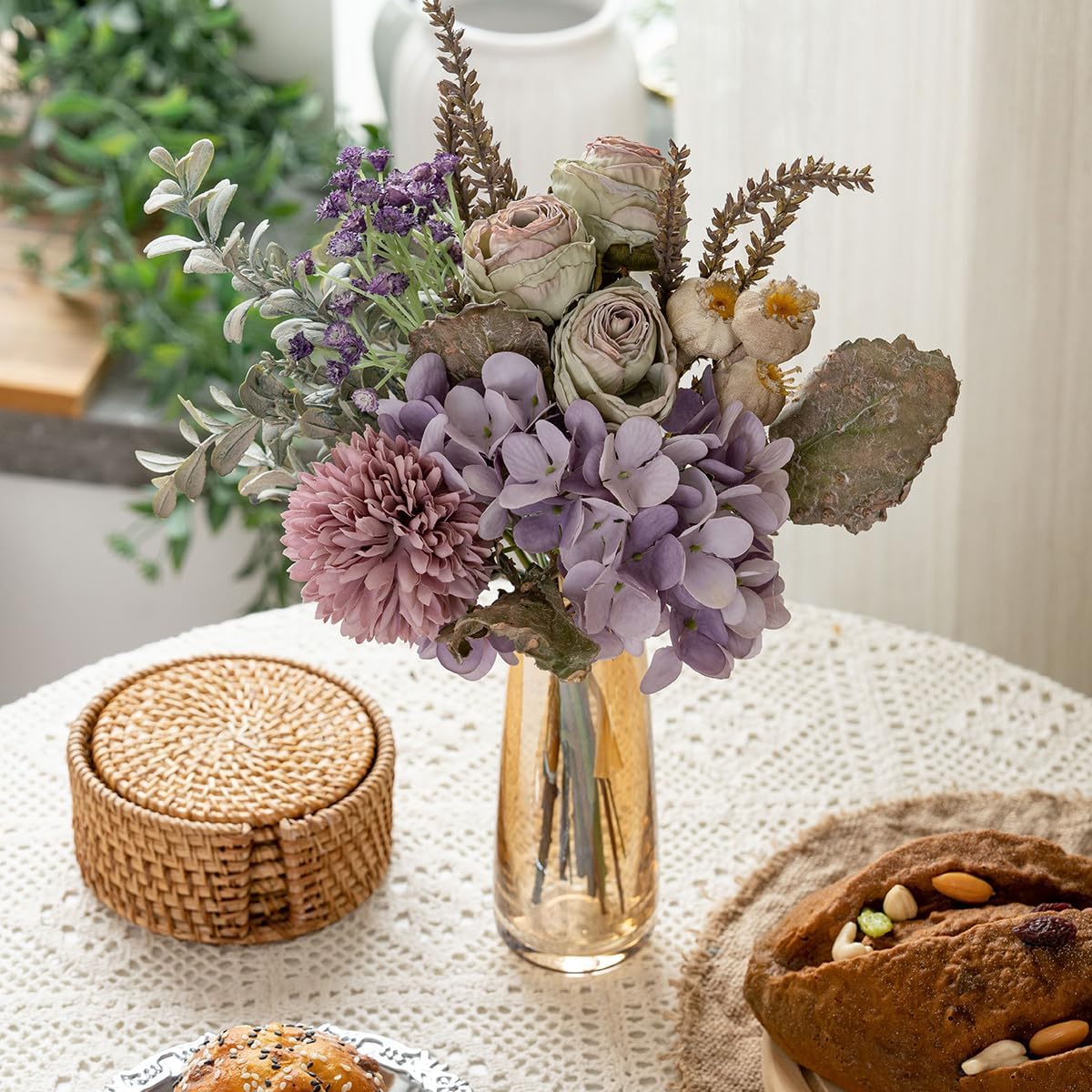 Small Artificial Fake Flowers for Table Arrangements, Silk Faux Bouquets with Three Roasted Edge Roses, Hydrangeas, Globeflower, babysbreaths, Ideal for the Kitchen or Bedroom.