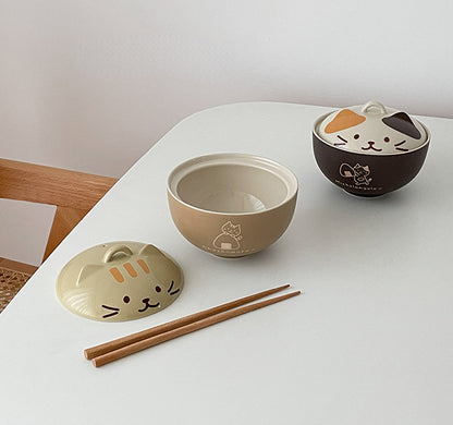 Japanese Style Ceramic Bowls with Kitty Lids - PeauleyHome