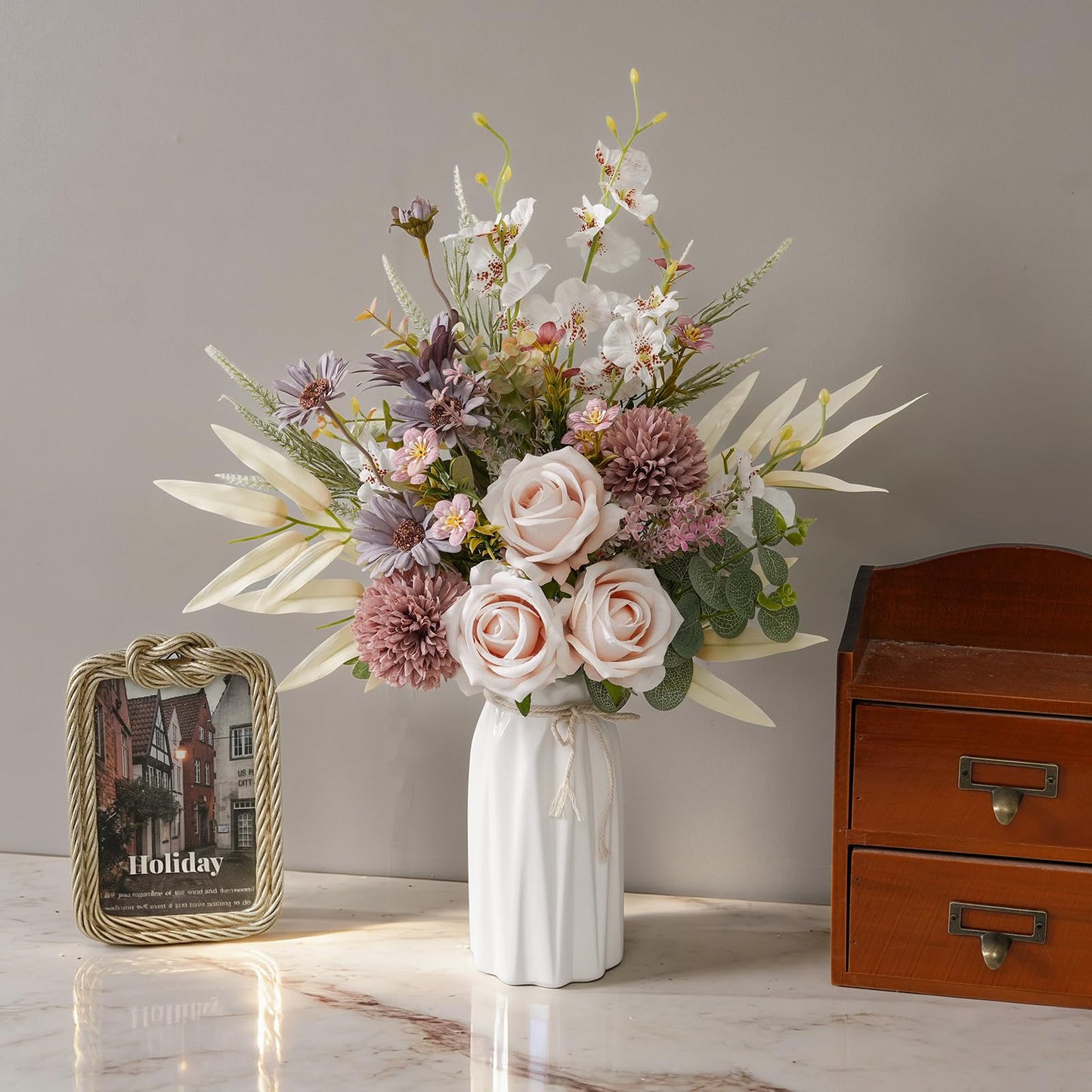 Peauley Artificial Fake Flowers Silk Table Arrangements Faux Plastic Floral Centerpieces for Home Kitchen with Roses, Dandelions, Chrysanthemum, Phalaenopsis, Eucalyptus, Sages, Orchids