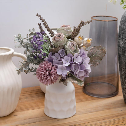 Small Artificial Fake Flowers for Table Arrangements, Silk Faux Bouquets with Three Roasted Edge Roses, Hydrangeas, Globeflower, babysbreaths, Ideal for the Kitchen or Bedroom.