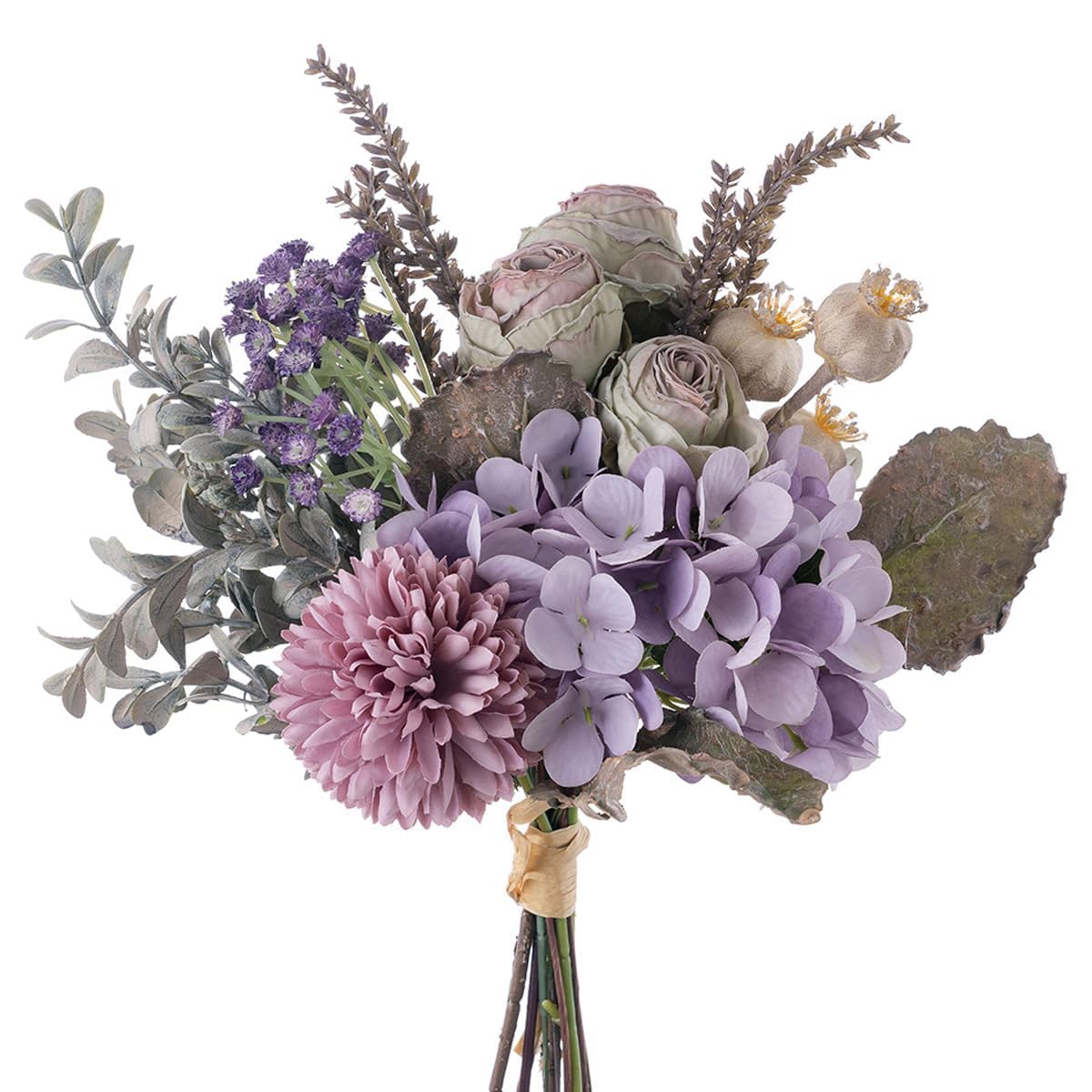 Small Artificial Fake Flowers for Table Arrangements, Silk Faux Bouquets with Three Roasted Edge Roses, Hydrangeas, Globeflower, babysbreaths, Ideal for the Kitchen or Bedroom.
