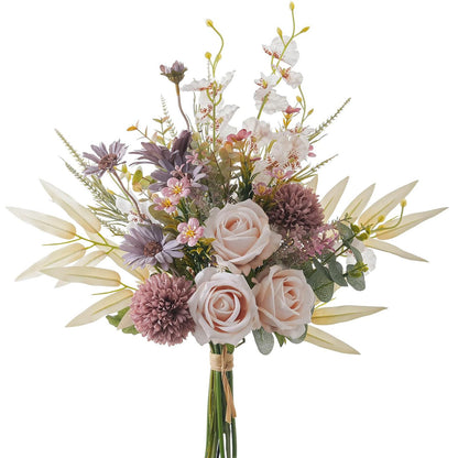 Peauley Artificial Fake Flowers Silk Table Arrangements Faux Plastic Floral Centerpieces for Home Kitchen with Roses, Dandelions, Chrysanthemum, Phalaenopsis, Eucalyptus, Sages, Orchids
