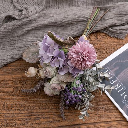 Small Artificial Fake Flowers for Table Arrangements, Silk Faux Bouquets with Three Roasted Edge Roses, Hydrangeas, Globeflower, babysbreaths, Ideal for the Kitchen or Bedroom.
