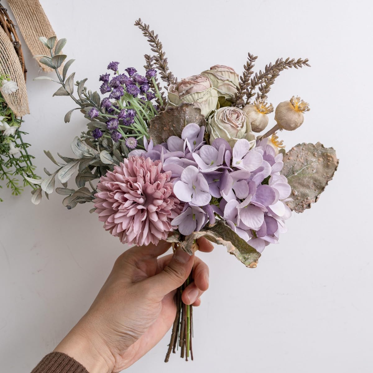 Small Artificial Fake Flowers for Table Arrangements, Silk Faux Bouquets with Three Roasted Edge Roses, Hydrangeas, Globeflower, babysbreaths, Ideal for the Kitchen or Bedroom.